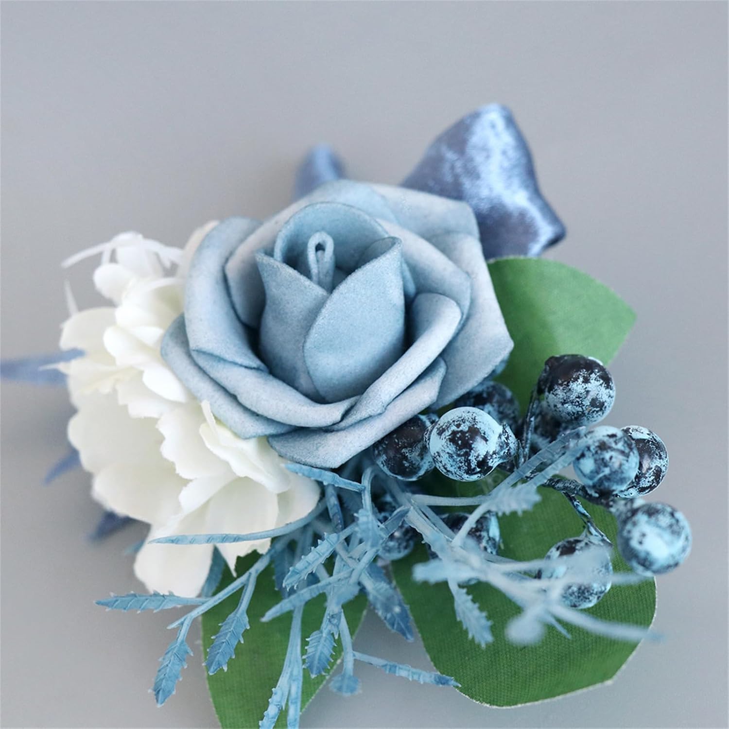 Wrist Corsage And Boutonniere Set Artificial Roses Flower Wedding Bridal Shower Homecoming Prom Corsage And Boutonniere For Groomsmen Bridesmaid Mother Girl Boys (Haze Blue)