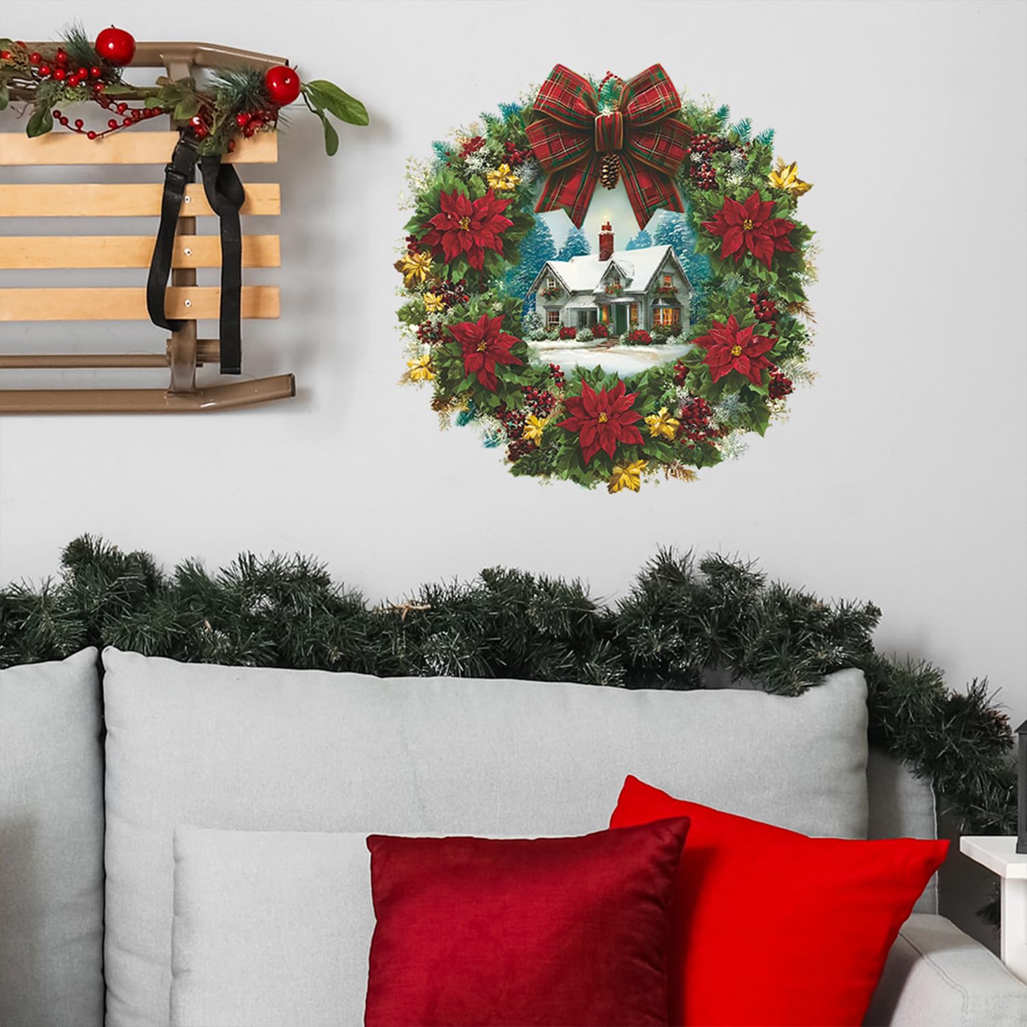 2 Sheets Christmas Wall Decals Peel And Stick Christmas Wreath Wall Stickers Vinyl Winter Xmas Snow House Wall Decor For Bedroom Living Room Home Party Decorations