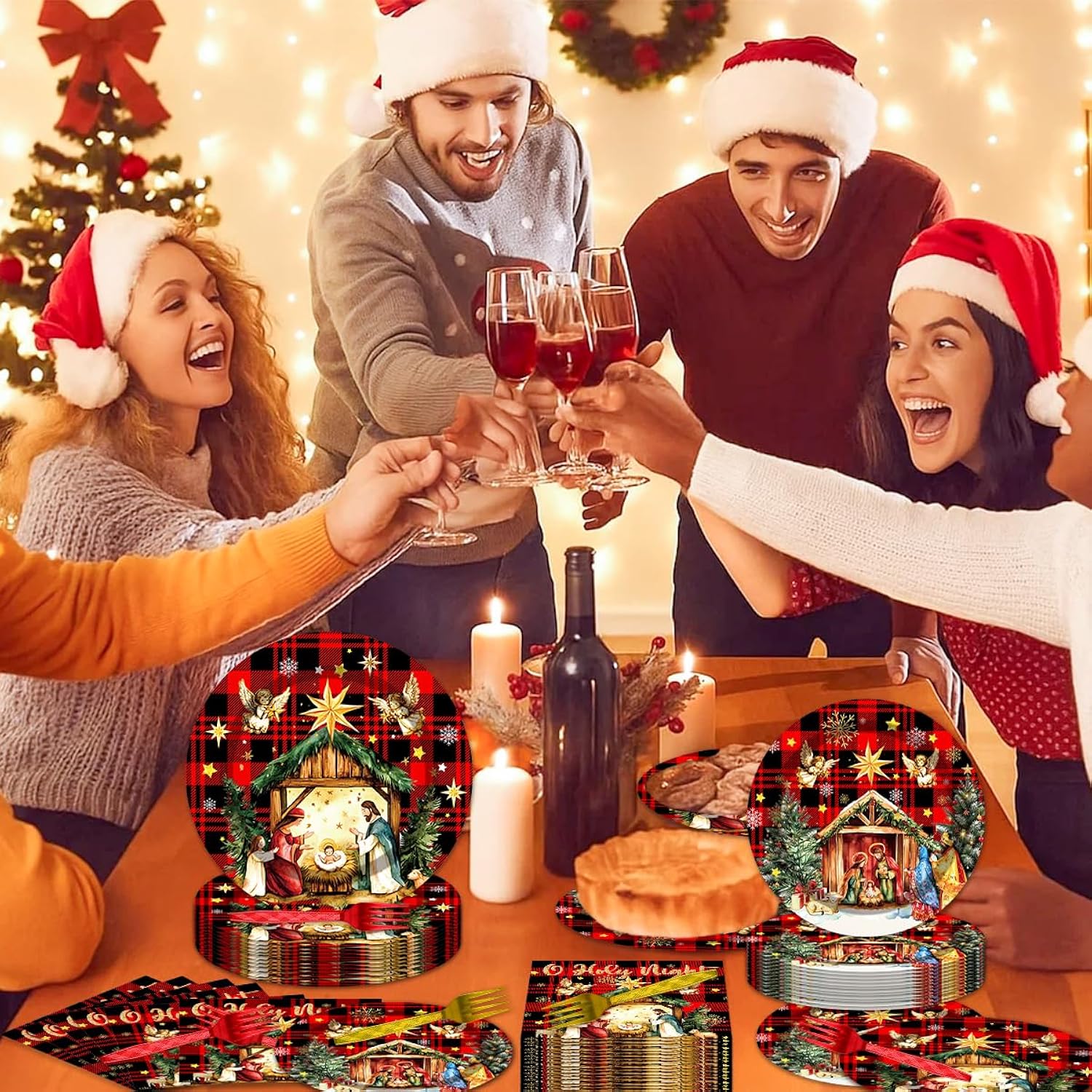 96Pcs Happy Birthday Jesus Decorations Disposable Tableware Set - O Holy Night Jesus Paper Plates Napkins Forks Christmas Jesus Birthday Party Supplies Serve 24 Guests