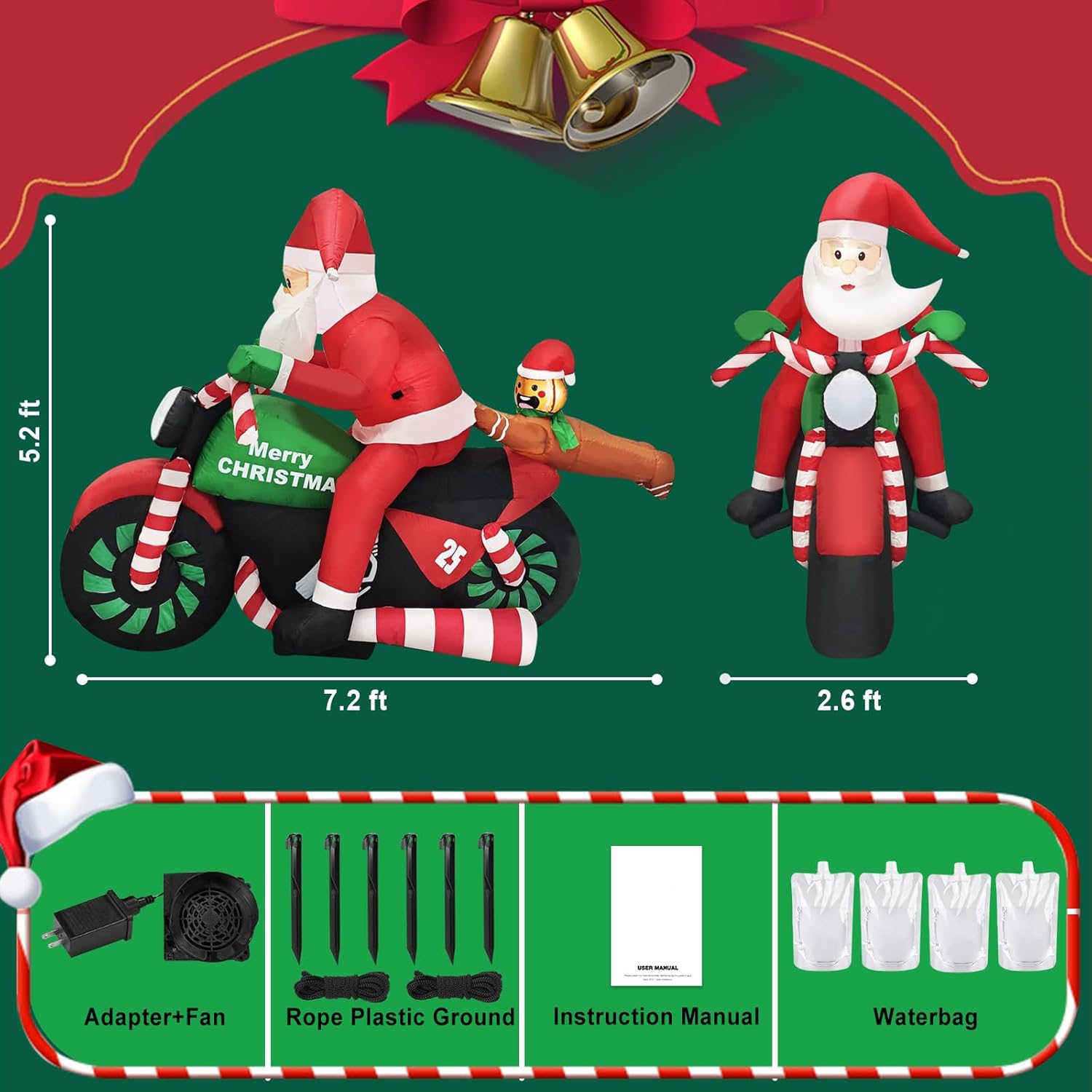 6Ft Christmas Decoration Inflatable Santa Riding Motorcycle With Gingerbread Man Lighted Blow Up Santa Claus Outdoor Dec