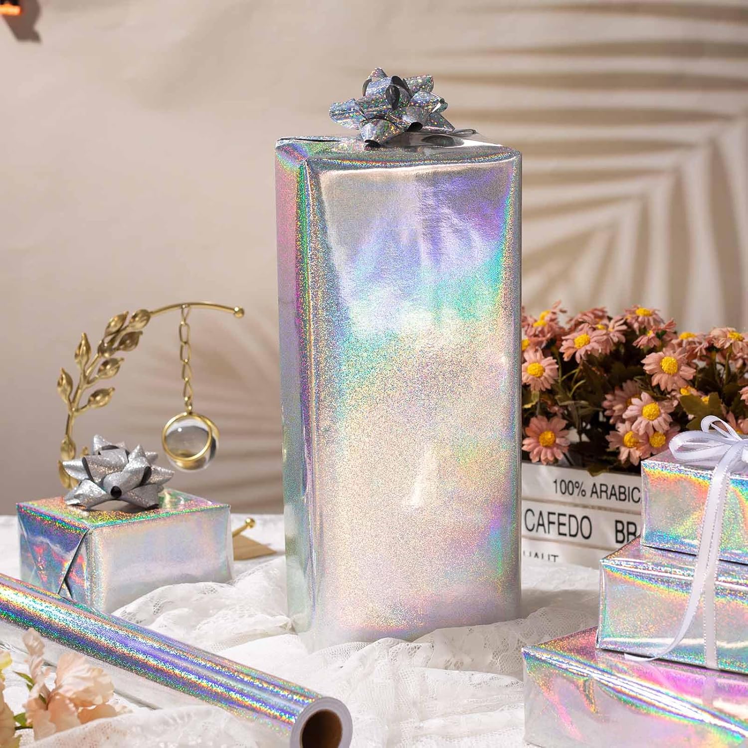 Silver Wrapping Paper Roll, Metallic Holographic Point Gift Wrap For Birthday, Valentines, Mothers Day, Graduation, Wedding, Fathers Day, Baby Shower, Christmas (17 In X 32.8 Ft)