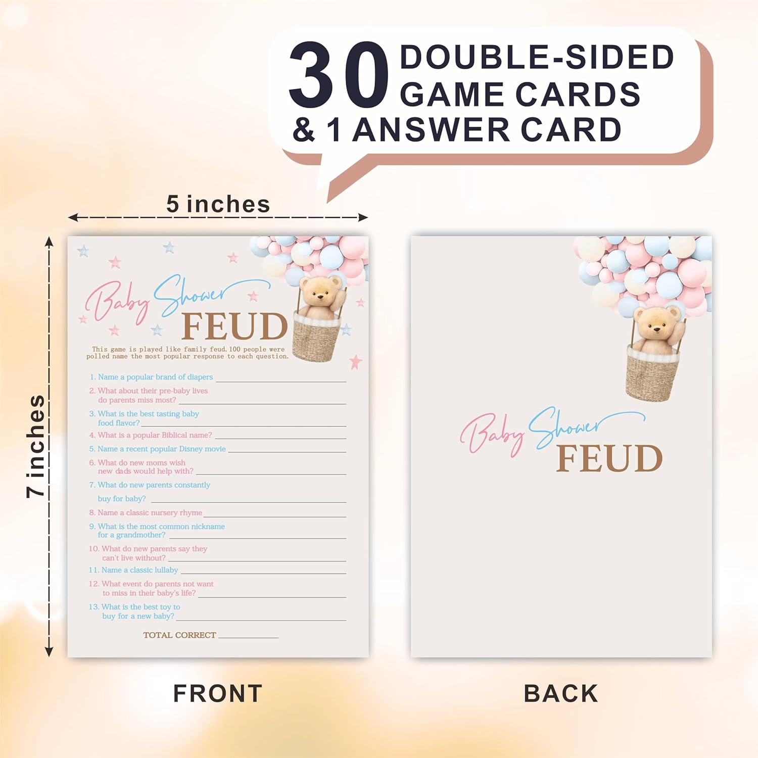 Baby Shower Feud Game Kit - Bear Hot Air Balloon Double-Sided Fill In Game Cards & 1 Answer Cards, Gender Reveal Party & Activity For Boys And Girls - Baby Shower Party Favors & Decorations-A12