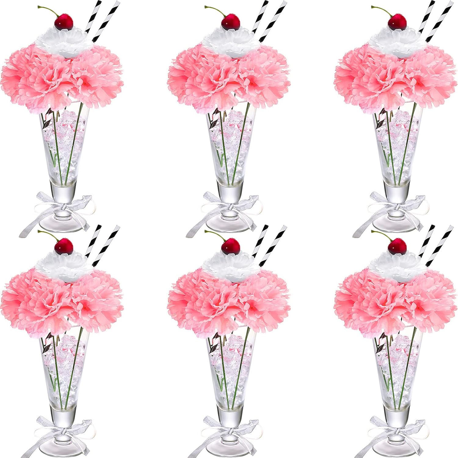 6 Sets Pink Carnations Artificial Flowers, 50'S Theme Party Decorations Include White Pink Carnation Lifelike Cherries And Paper Straws For Sock Hop Rock And Roll Grease Party Decorations