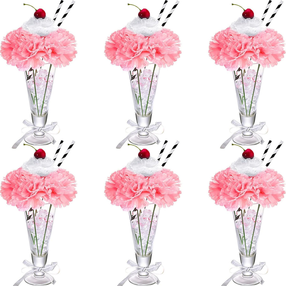 6 Sets Pink Carnations Artificial Flowers, 50'S Theme Party Decorations Include White Pink Carnation Lifelike Cherries And Paper Straws For Sock Hop Rock And Roll Grease Party Decorations