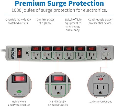 Surge Protector Power Strip 7 Outlets Individual Switches 6FT Extension Cord White