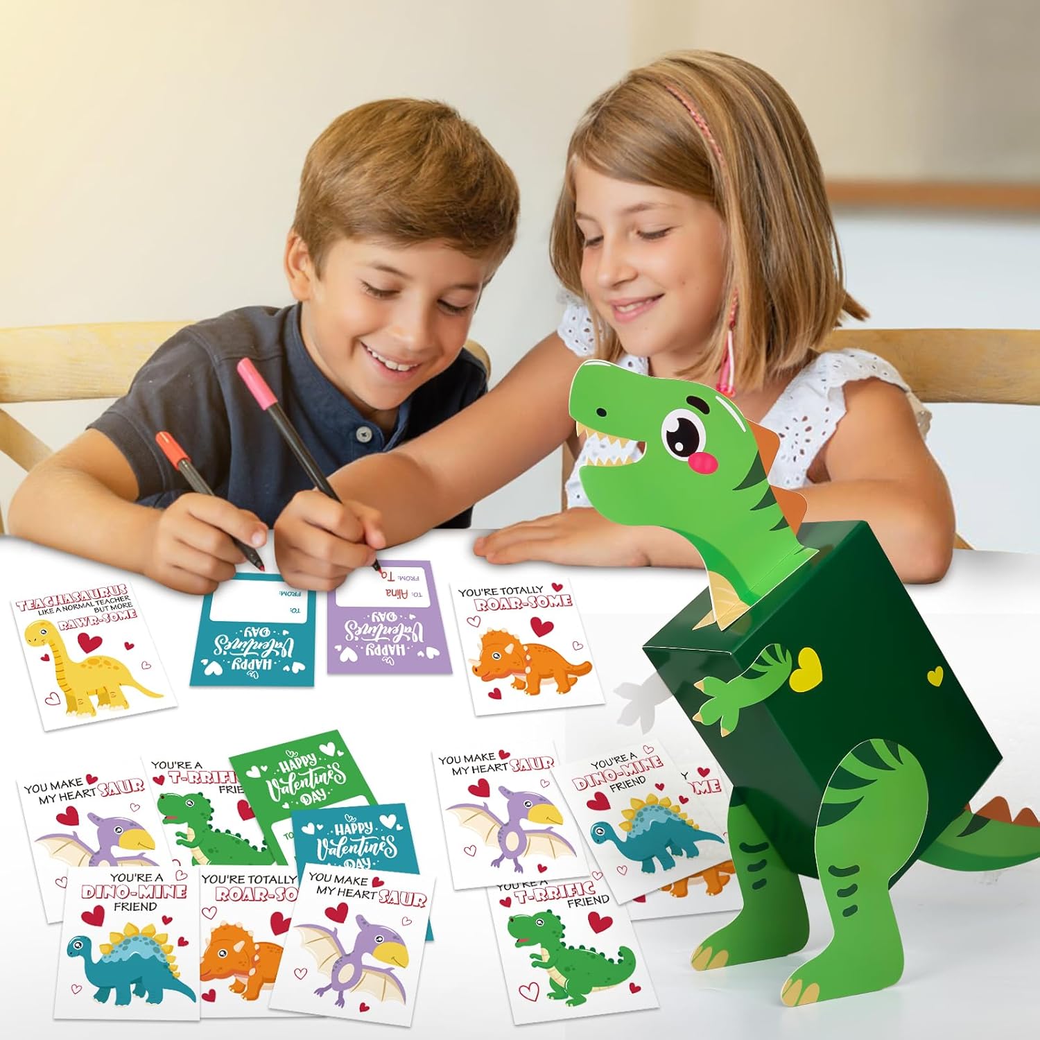 Dinosaur Valentines Day Box And Cards For Kids Classroom School Exchange, Valentines Gift Party Favors For Boys Girls - 1 Diy Box, 32 Valentine Cards, 1 Teacher Card