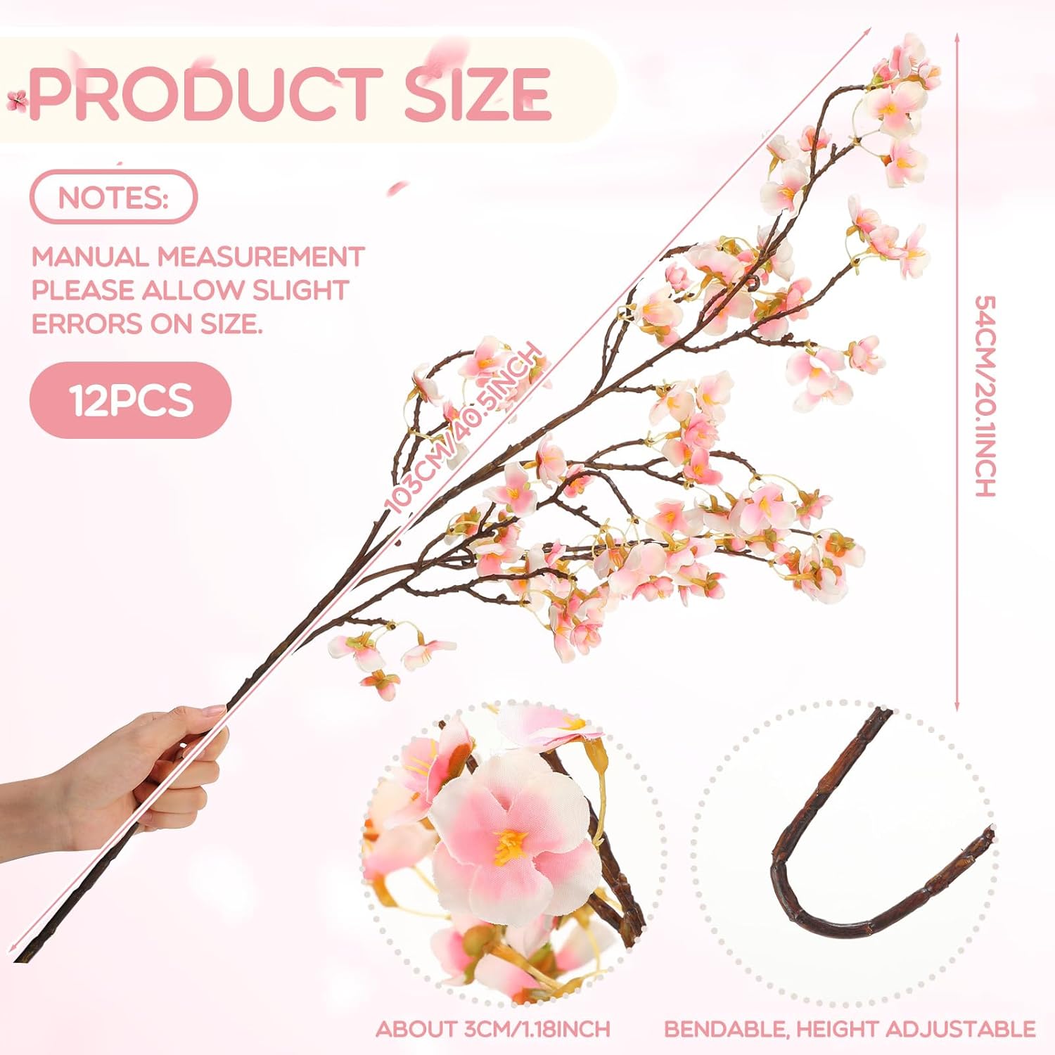 12 Pack 40.5 Inch Artificial Cherry Blossom Branches Bulk Fake Cherry Blossom Flowers Long Stems Silk Faux Pink Cherry Flower Vase Arrangement For Wedding Table Centerpiece Diy Home Decor