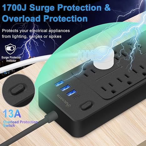 20FT Surge Protector Power Strip 10 Outlets 4 USB Ports 1 USB C 1700J Black