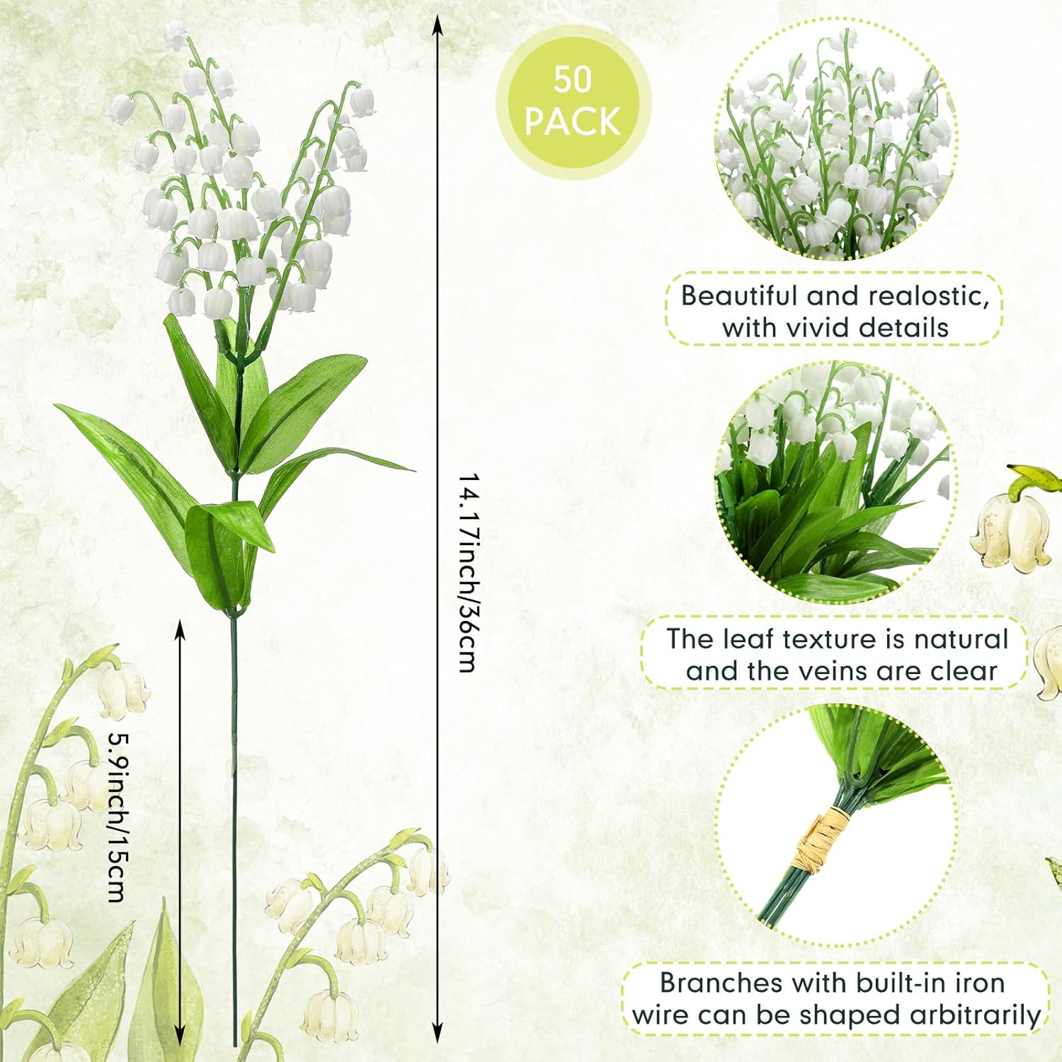 50 Pcs Artificial Lily Of The Valley Bridesmaids Artificial Lilies 14.17 Inch Faux Lily Of The Valley Flower Bulk Chimes Orchid White Bell Flower Bouquet For Wedding Arrangement Bride Party