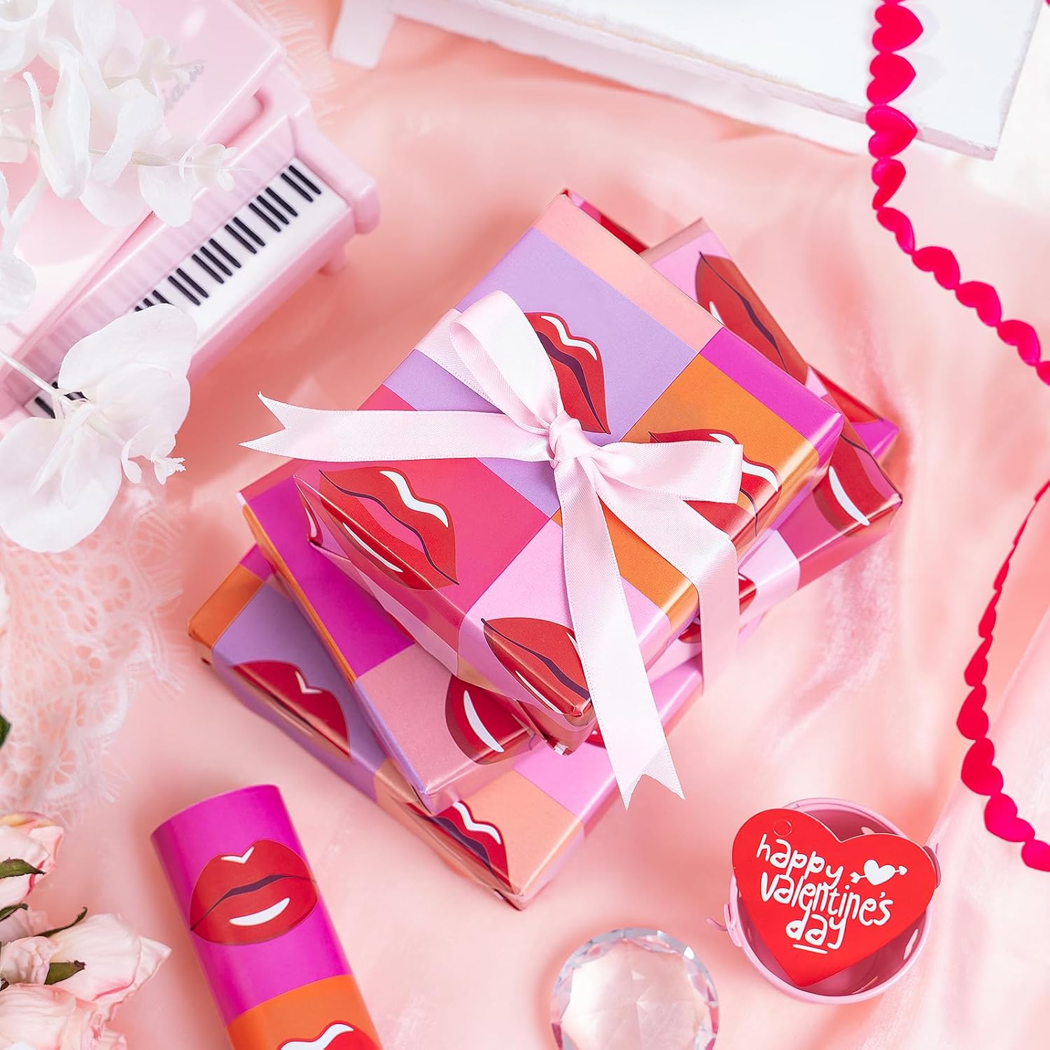 Valentine'S Red Lips Wrapping Paper Roll, Lips With Colorful Checkered Pattern For Valentine'S Day, Wedding, Birthday, Holiday, Party, Bridal Shower, Anniversary - 17 Inches X 32.8 Feet