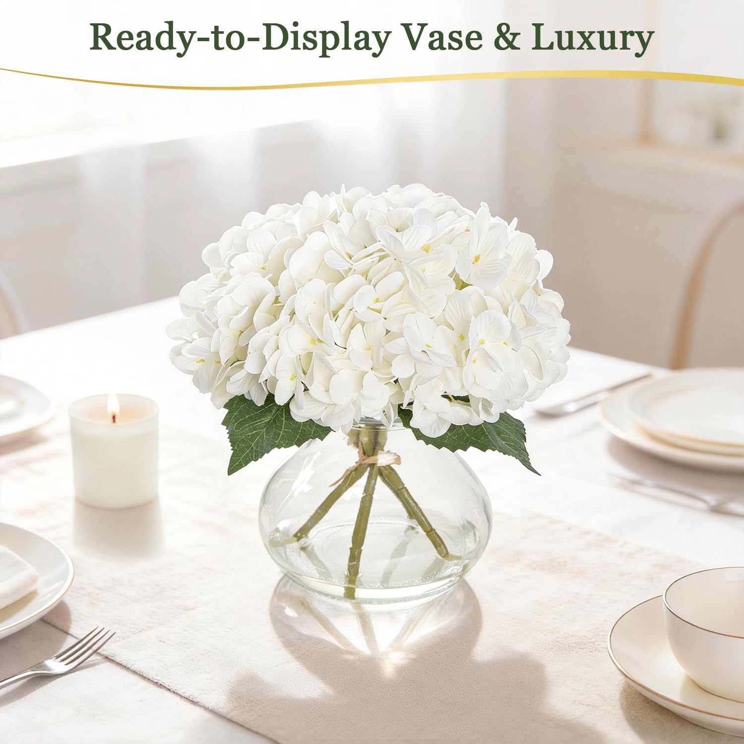 Artificial Hydrangea Flowers With Glass Vase, White Silk Fake Floral Arrangement For Dining, Coffee Table Centerpieces Decoration, Aesthetic Faux Plants For Shelf, Bookshelf, Bathroom
