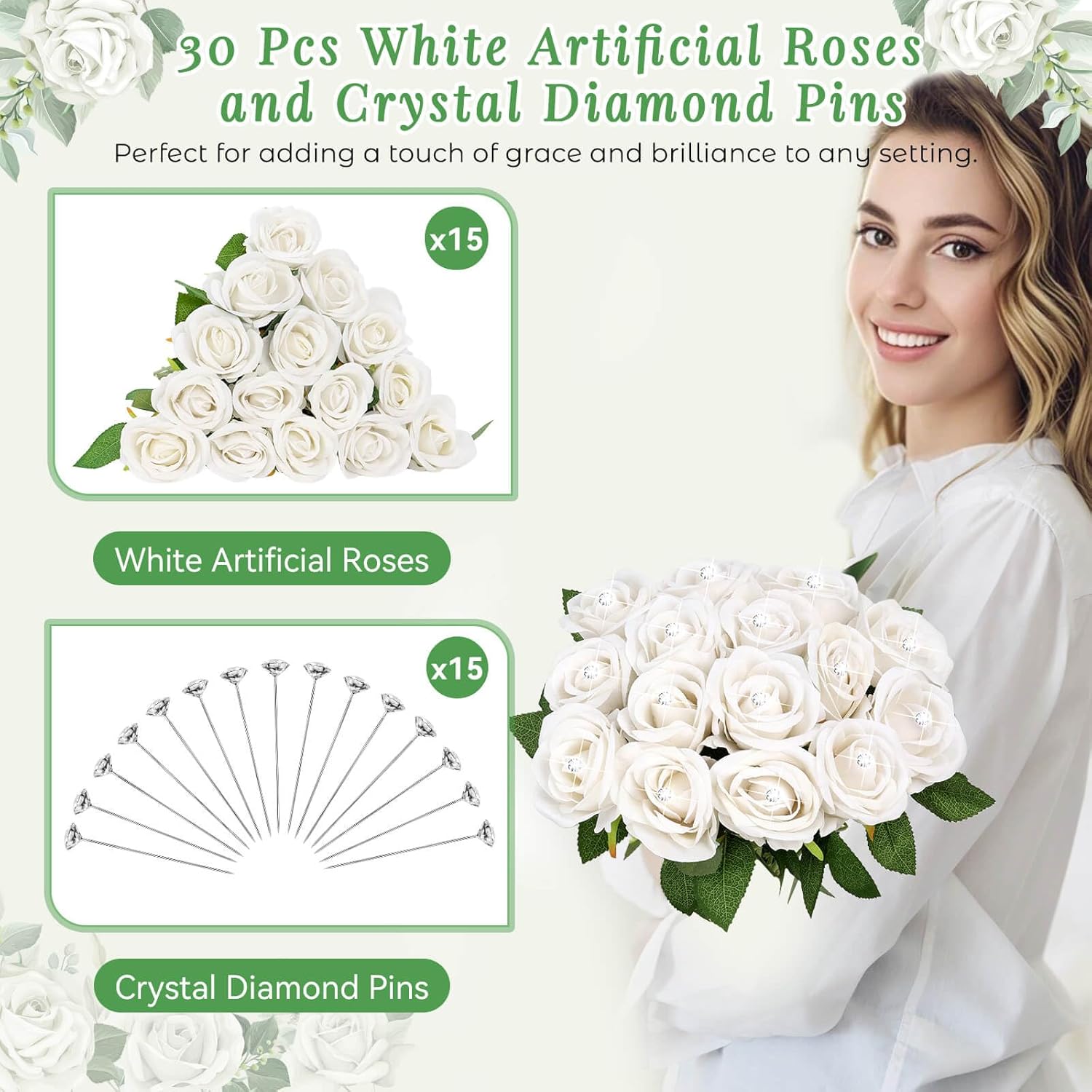15Pcs White Rose Artificial Flowers With 15Pcs Diamond Pins For Bouquets, Fake Silk Roses Flower For Home Decoration Wedding Party Table Centerpieces