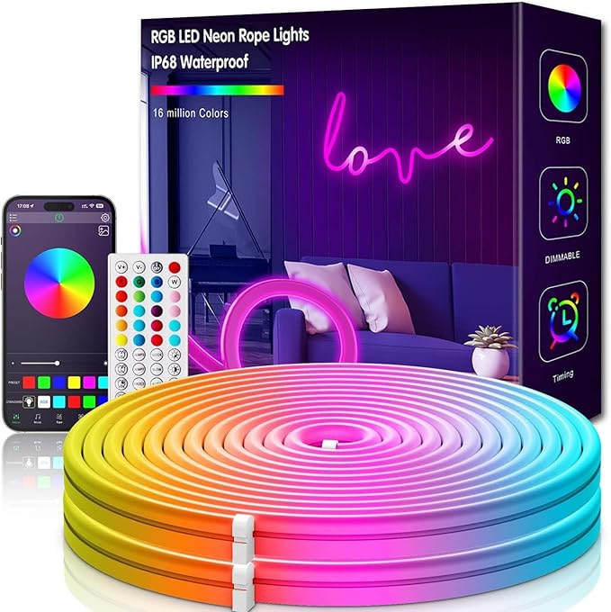 32.8ft RGB LED Neon Strip Lights App & Remote Control IP65 Waterproof Flexible Rope Lights 24V
