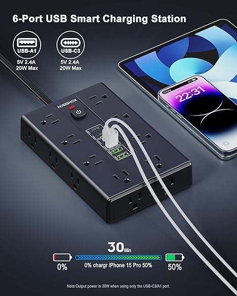 Surge Protector Power Strip with 16 Outlets 6 USB Ports 3 USB C 6.5FT Flat Plug Extension Cord