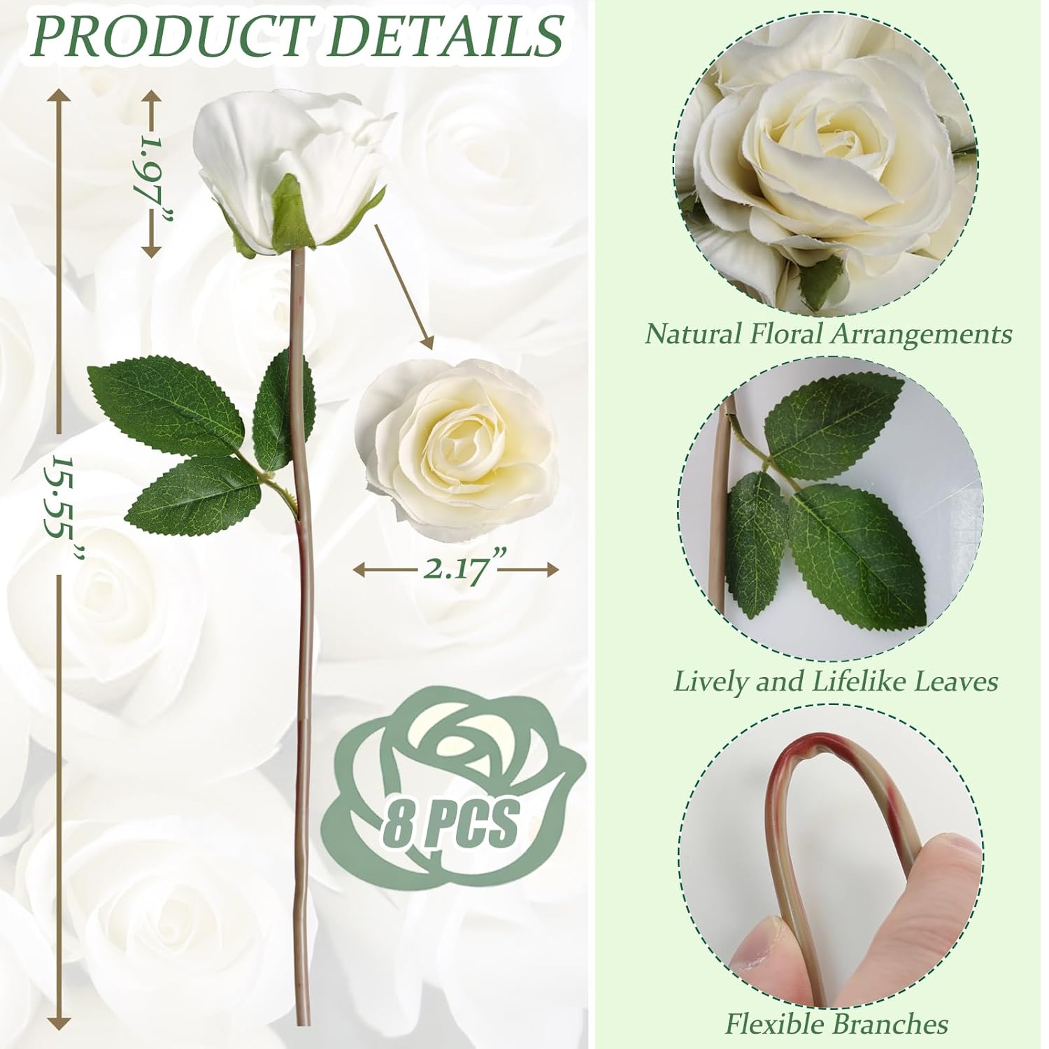 Artificial Roses Flowers With 8 Heads For Flower Arrangement, Silk Rose Bouquet For Home Decoration, Faux Roses For Parties And Wedding Decoration (White,8)