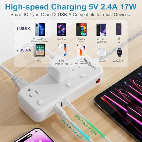 Power Strip 6 Outlets 3 USB 1 USB C Individual Switches 5 Ft Braided Cord