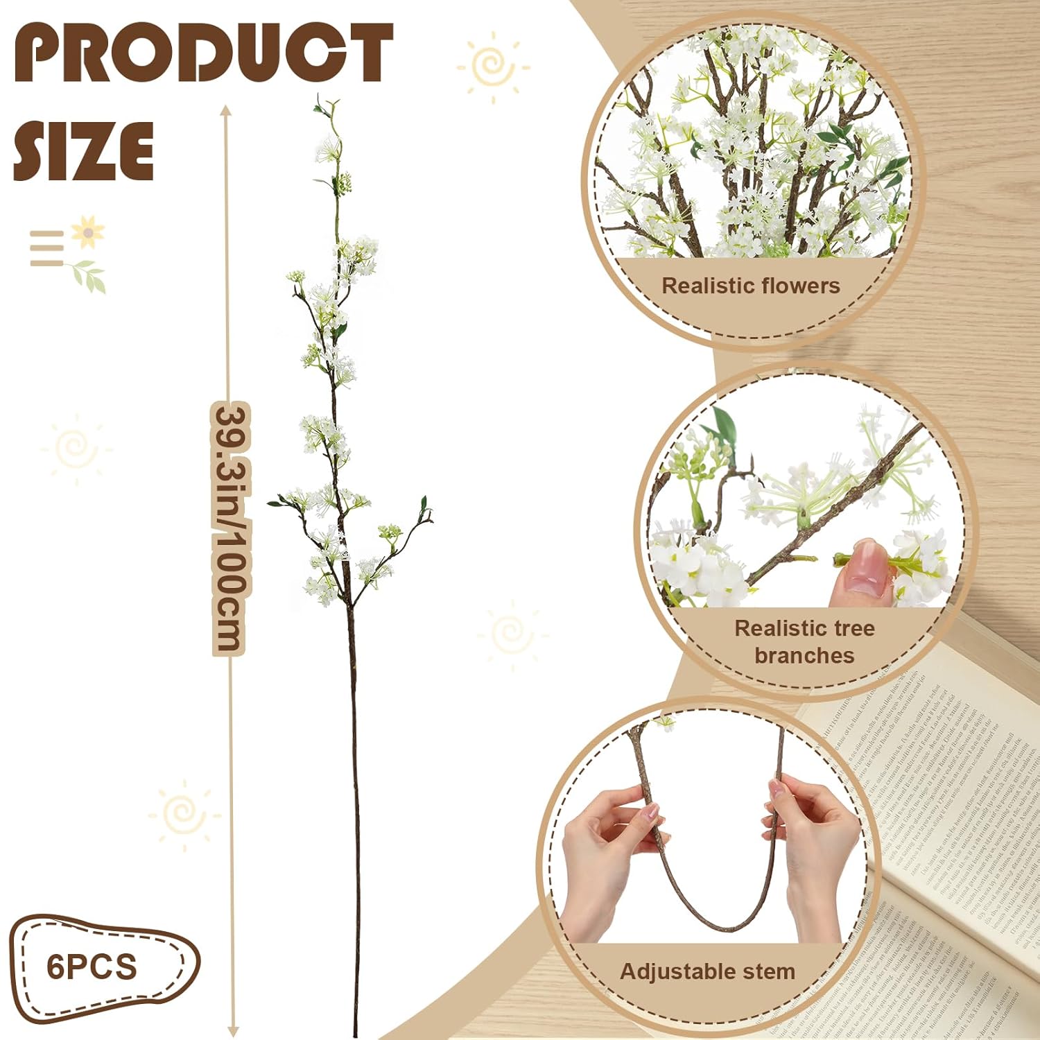 6Pcs 39.3 Inch Artificial White Snow Willow Branches For Vases Fake Artificial Flowers Real Touch Branches Fake Plants For Wedding Party Home Living Room Kitchen Decoration
