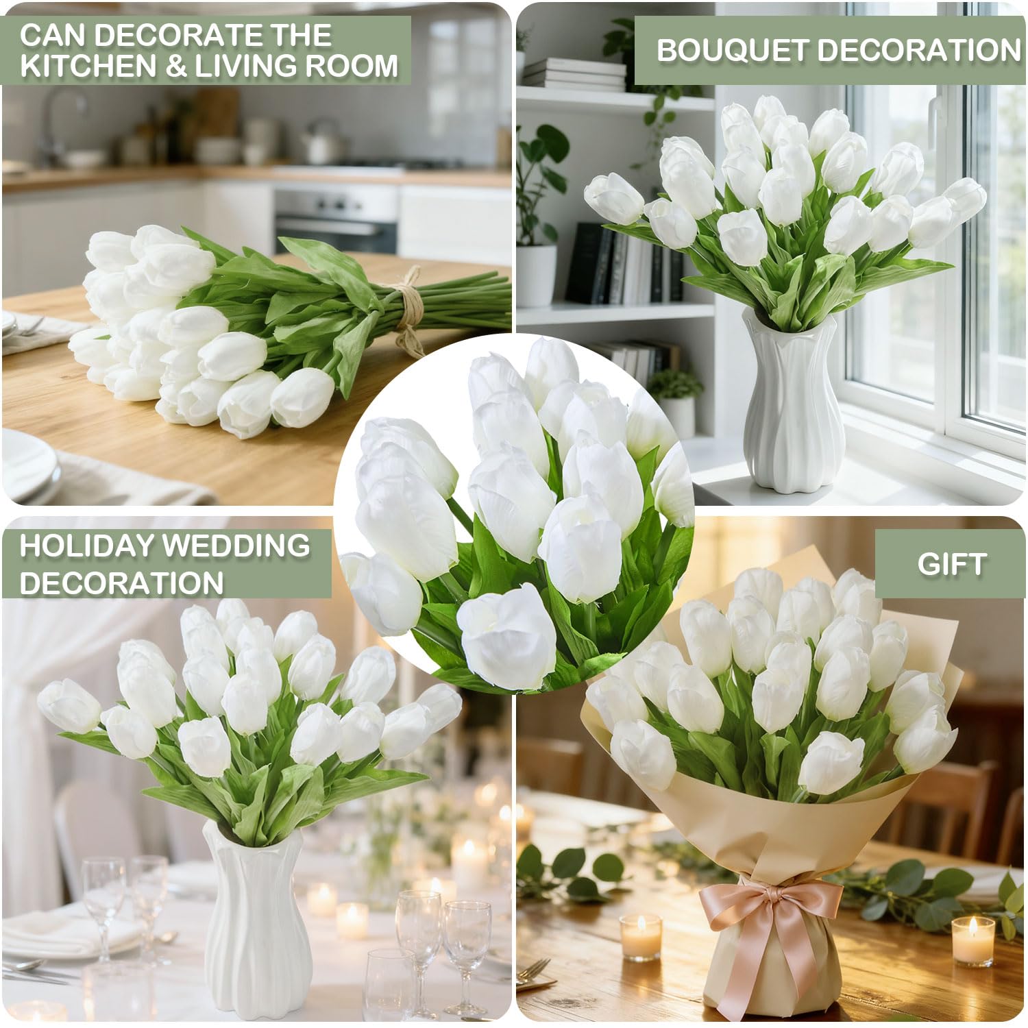 Artificial Tulips 20 Stems White Silk Flowers For Valentine'S Day And New Year Decorations Wedding Home Decor