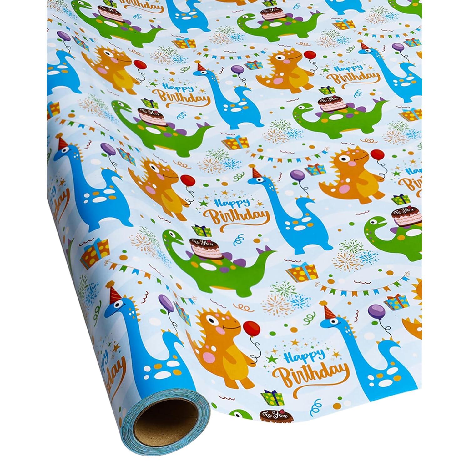 Dinosaur Wrapping Paper Roll 17 Inch X 60 Ft Per Roll, Cute Blue Green Dinosaurs Happy Birthday Wrapping Paper For Boys Kids, Gift Wrap Paper Happy Bday Wrap Dinosaur Parties, Baby Showers