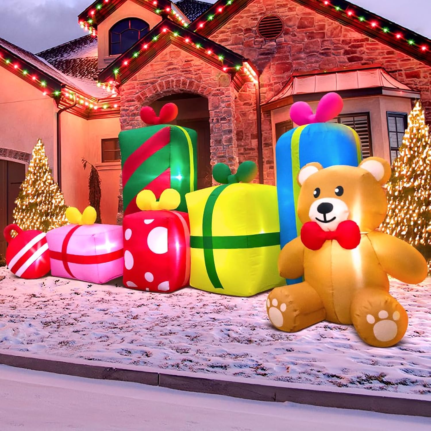 10Ft Giant Christmas Inflatables Outdoor Decorations Gift Boxes And Bear,Blow Up Yard Decorations With Led Light For Xma