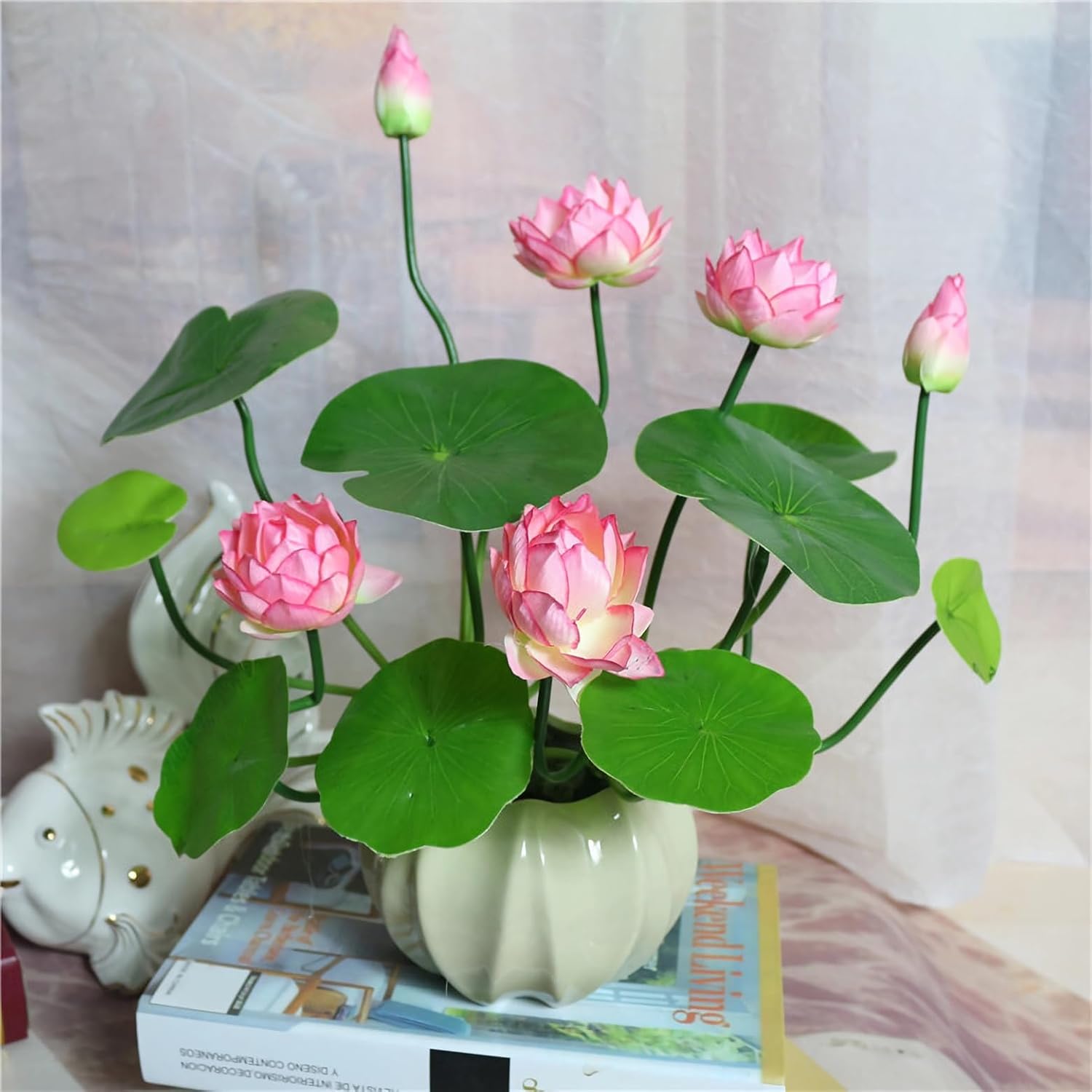 4Pcs Artificial Lotus Flowers With Leaves 17" Mini Pink Fake Water Lily Bouquets For Vase Bouquet Home Office Wedding Decor.(Pink,4Pcs)