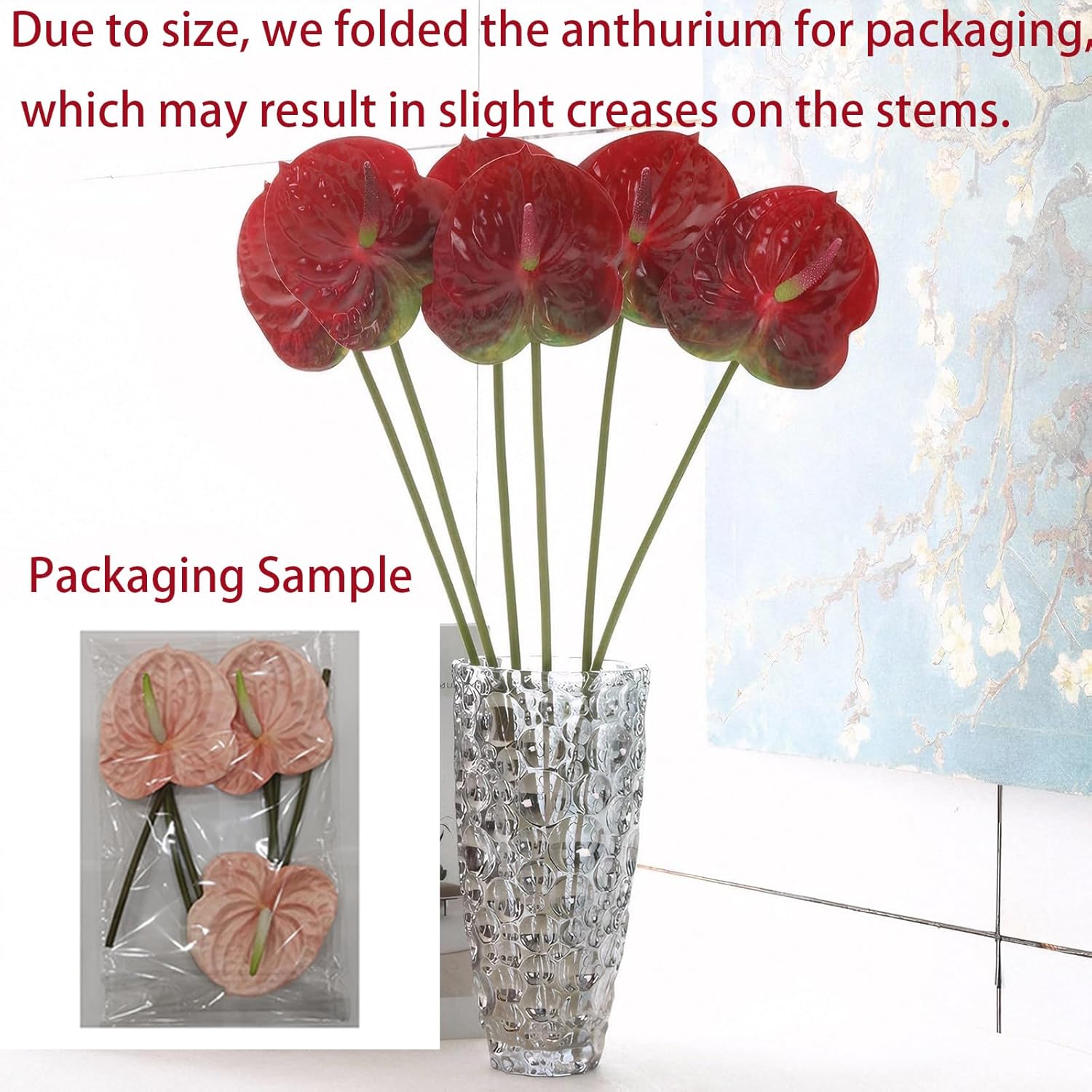 3Pcs Artificial Anthurium Lily Flowers 22" Red Fake Tropical Flowers For Vase Bouquets Home Office Wedding Decor(Red)