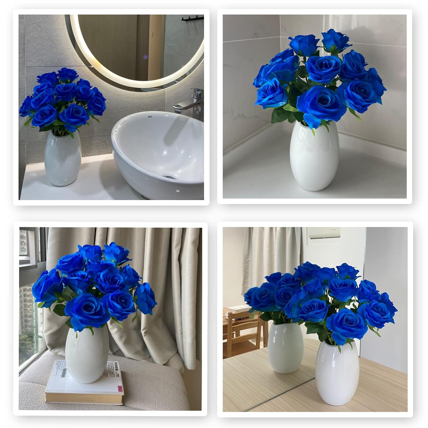 12 Pcs Rose Artificial Silk Flowers, Fake Roses With Long Stems Realistic Faux Rose Flower Bouquets For Home Wedding Decoration Party-Sapphire Blue