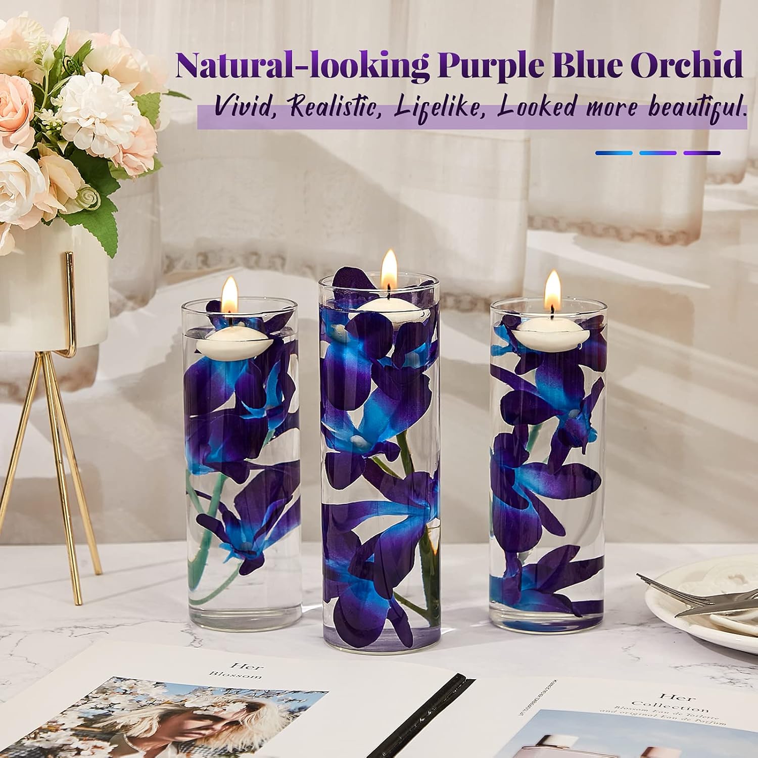 16 Pieces Blue Purple Faux Flowers Blue Orchid Flower Vase Fillers Faux Purple Orchid Wedding Table Centerpieces Filling For Floating Candles Wedding Birthday Party Table Decorations