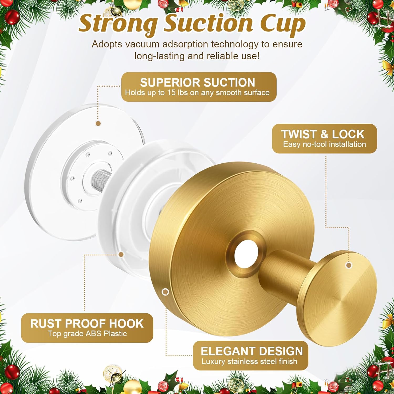 Suction Cup Hooks For Wreaths, Removable Towel Hooks For Bathrooms, Kitchen, Glass, Window & Tile, Wreath Hangers For Front Doors, Christmas Decorations, No Drill Required - 2 Pack, Gold