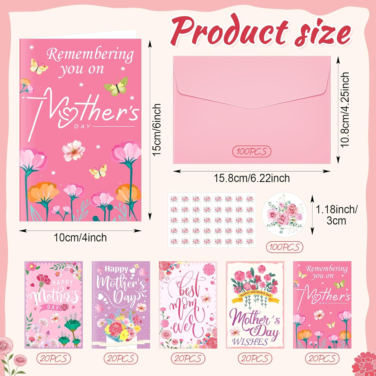 100 Pcs Mothers Day Greeting Cards, Mother'S Day Cards Bulk With Pink Envelopes And Stickers Blank Inside For Mother'S Day Mom Birthday Gift Supplies For Florist Church Mom Flower