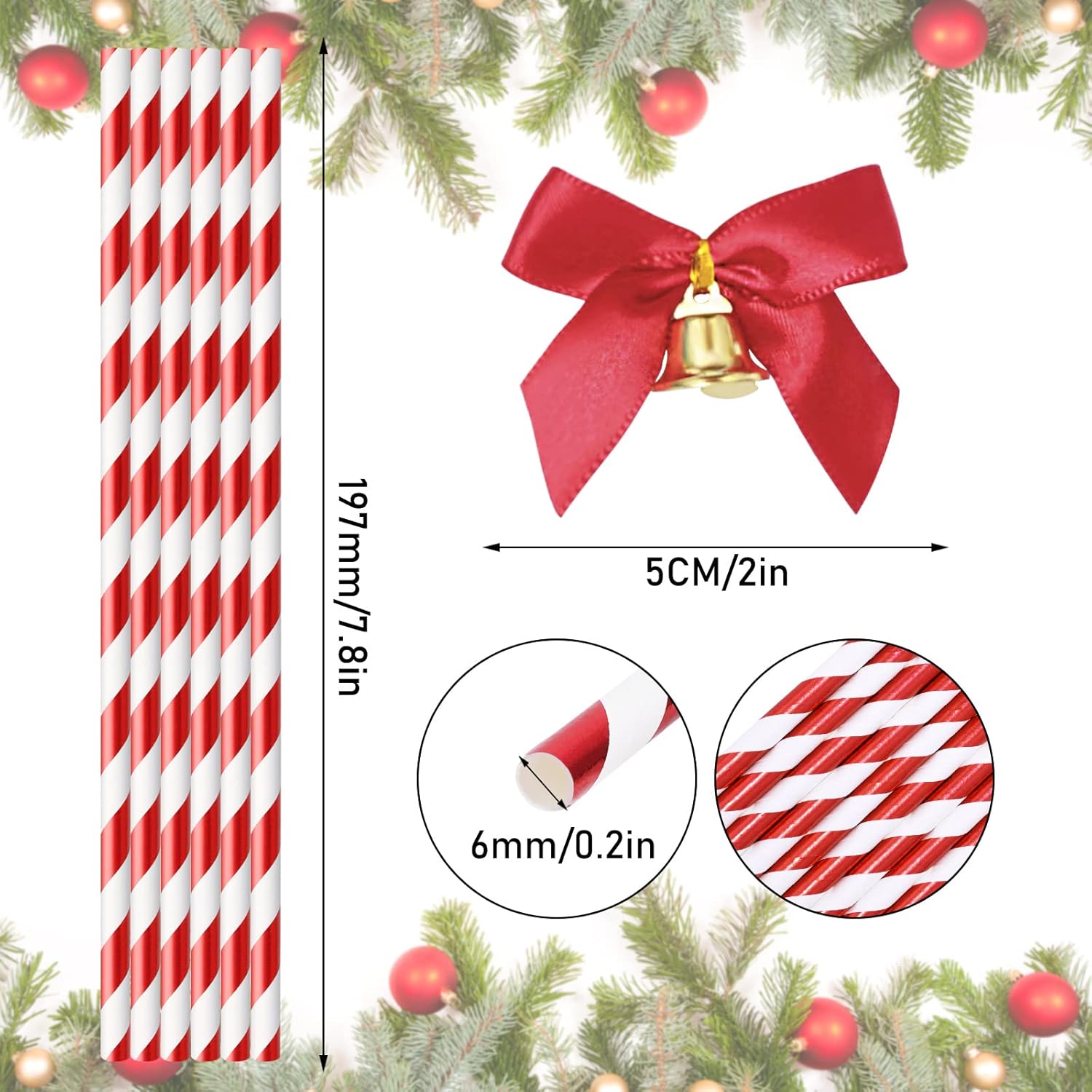 Christmas Paper Straws With Bell Foil Red White Stripe Disposable Paper Straws Merry Christmas Drinking Straws For Christmas Party Supplies Wedding Xmas Birthday Decoration, 50Pcs