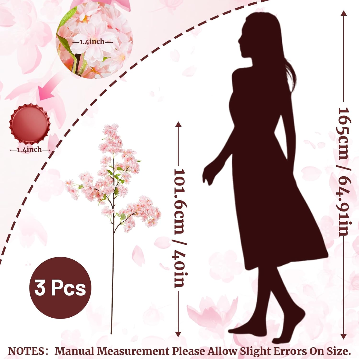 3 Pcs Cherry Blossom Branches,40 Inch Realistic Artificial Flowers Long Stem Spring Decorations For Tall Vase Home Wedding, Party Table Centerpiece Floral Arrangements Decor (Pink)