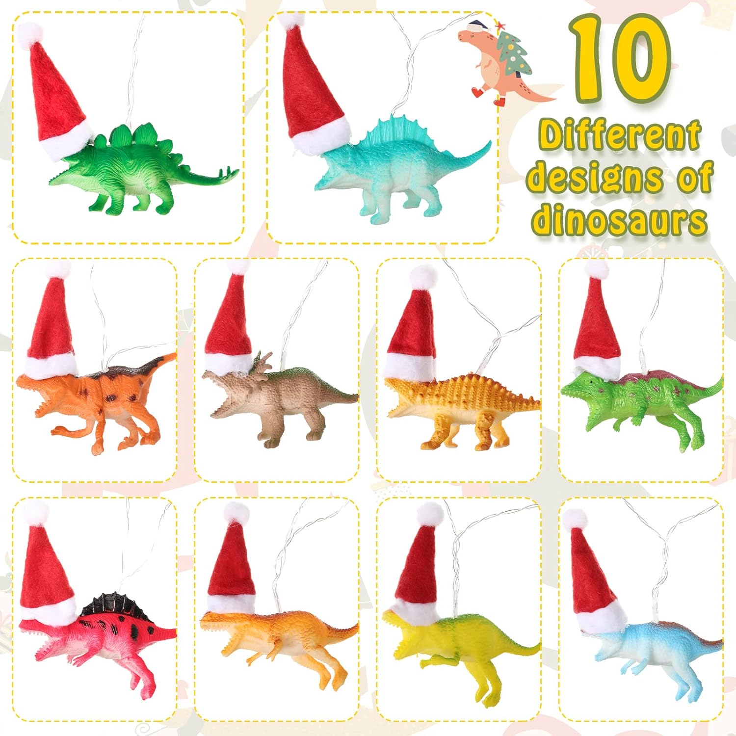2 Pcs Christmas Dinosaur String Lights Total 13 Ft 20 Led Lights Hanging Dinosaur Lights Battery Operated Dino Lights Di