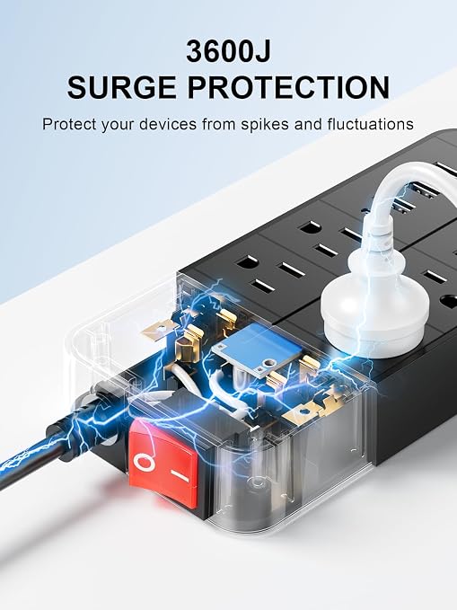 8 Outlet Surge Protector Power Strip 1 USB C 3 USB A 5FT Cord 20W