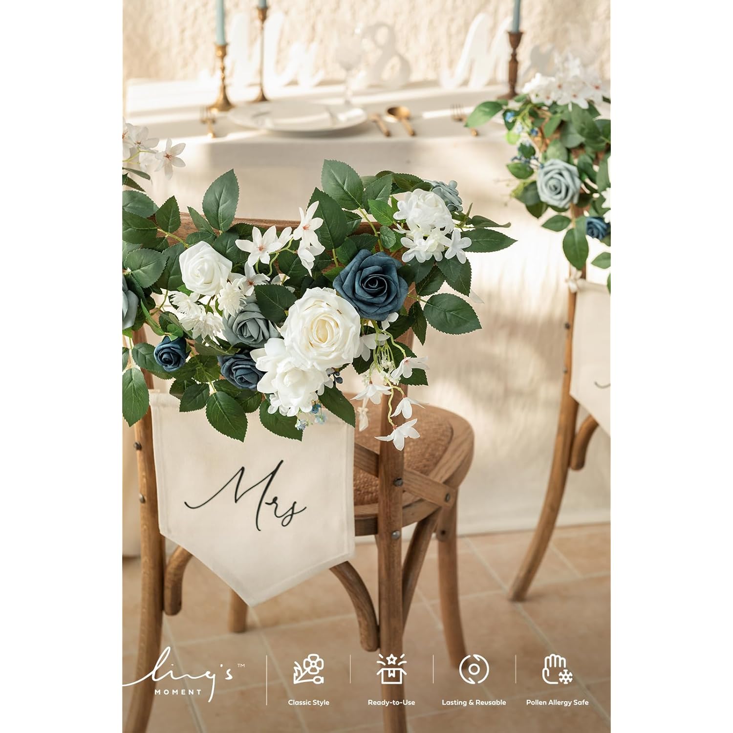 Mr And Mrs Sign,Bride And Groom Chair Sign For Wedding Chair Decor,2 Pack Artificial Flower Garland For Wedding,Party,Home Centerpiece Table Decorations (Dusty Blue & Navy)