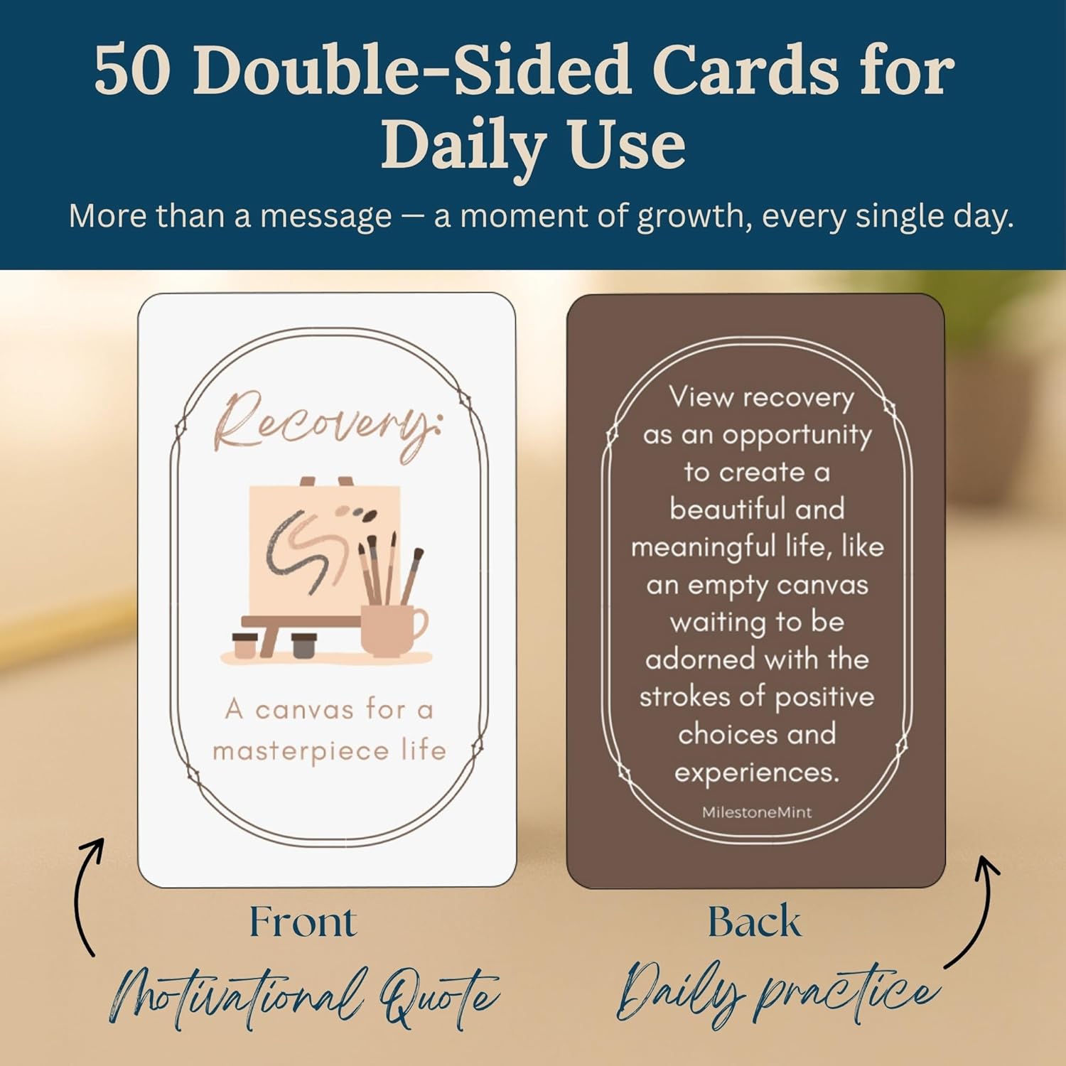 Daily Affirmation Cards, 50 Positive Affirmation Cards Double Sided, Sobriety And Recovery Daily Mindset Prompts, Includes Sobriety Coin & Wooden Card Stand, Perfect Recovery Gift