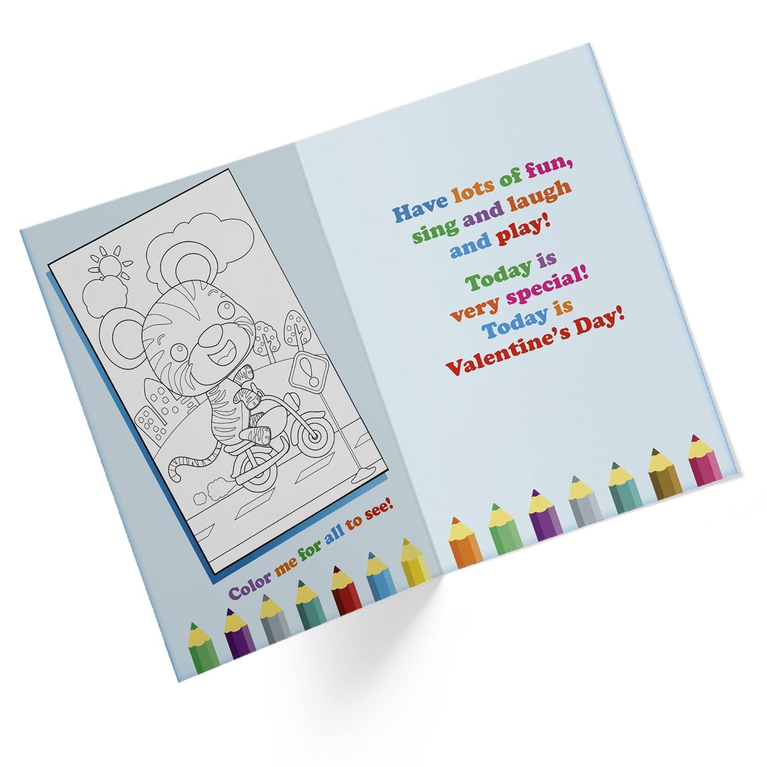 Valentines Day Cards For Grandson, Grandchild, Or Kid With Envelope - Cute Tiger On Bike Cartoon Coloring Book Valentine Card | 5”X7.5” | (Single Card)