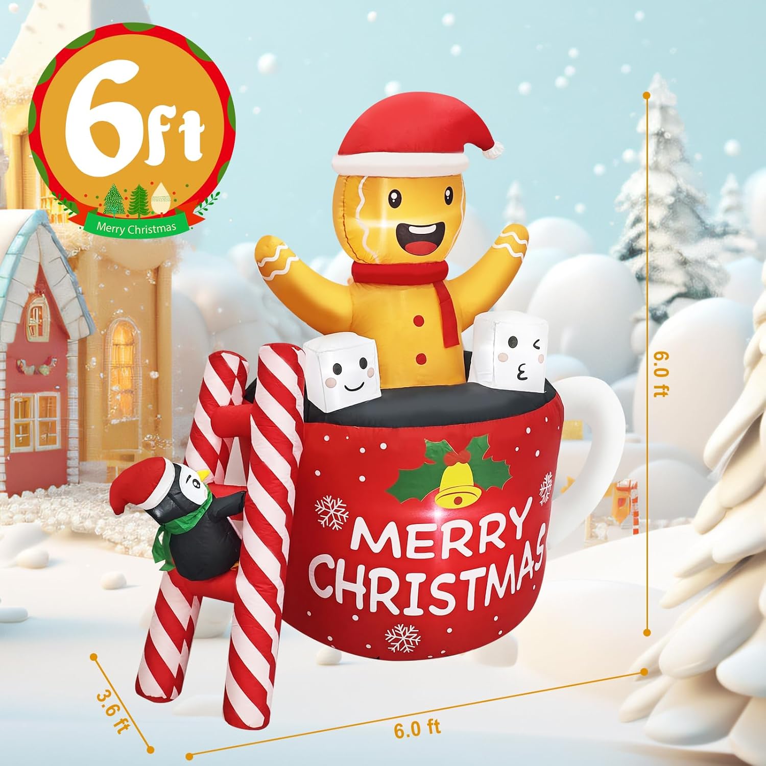 6Ft Christmas Inflatables Outdoor Decorations, Navidad Blow Up Gingerbread Swiming In Hot Cocoa Mug Scene With Penguin B