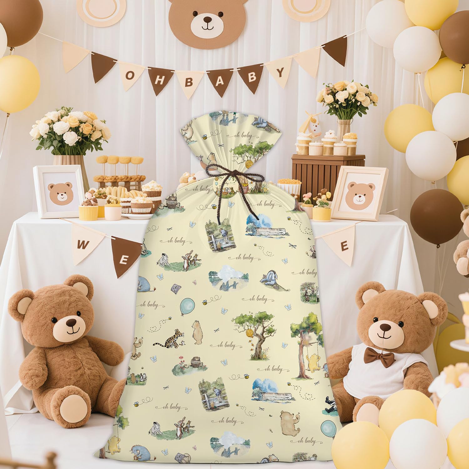 1 Pcs Extra Large Plastic Gift Bag, Bear Oversized Favors Gift Bags, Large Gift Wrapping Bags For Baby Shower Gender Reveal Birthday, Pooh Party Favors Supplies Decoration, 56" X 36"