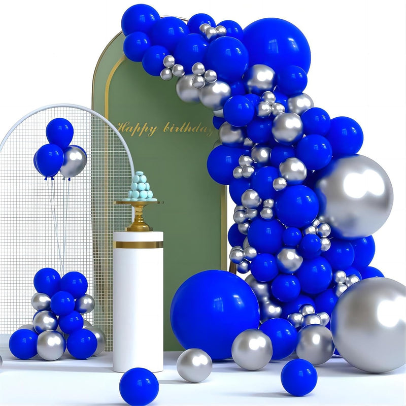 130Pcs Royal Blue And Silver Balloons Garland Arch Kit, 18 12 10 5 Inc