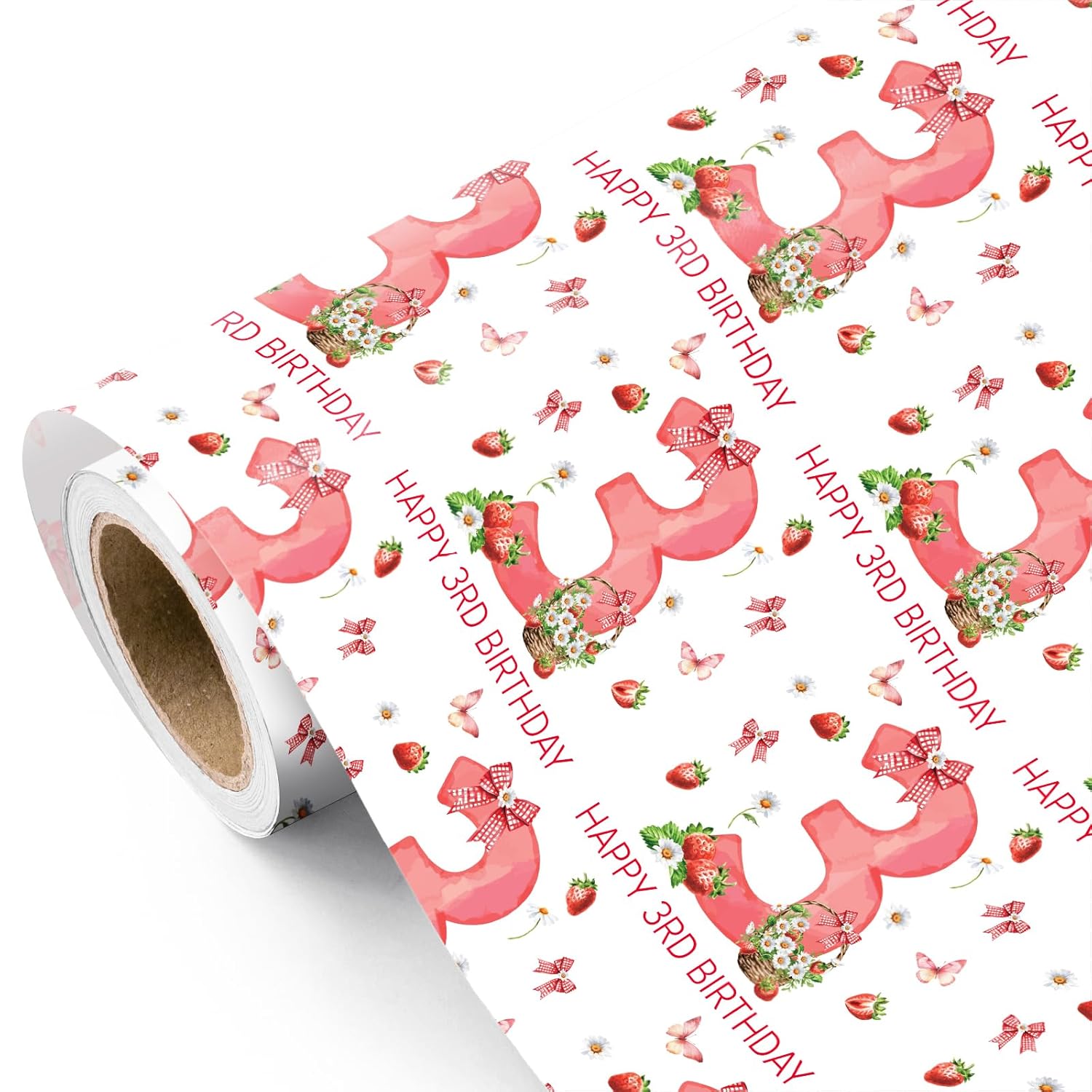 Berry 3Rd Birthday Wrapping Paper Roll - Mini Roll - 17 Inch X 16.5 Feet - Happy 3Rd Birthday Pink Bow And Strawberry Wrapping Paper For Girls Kids, Baby Shower