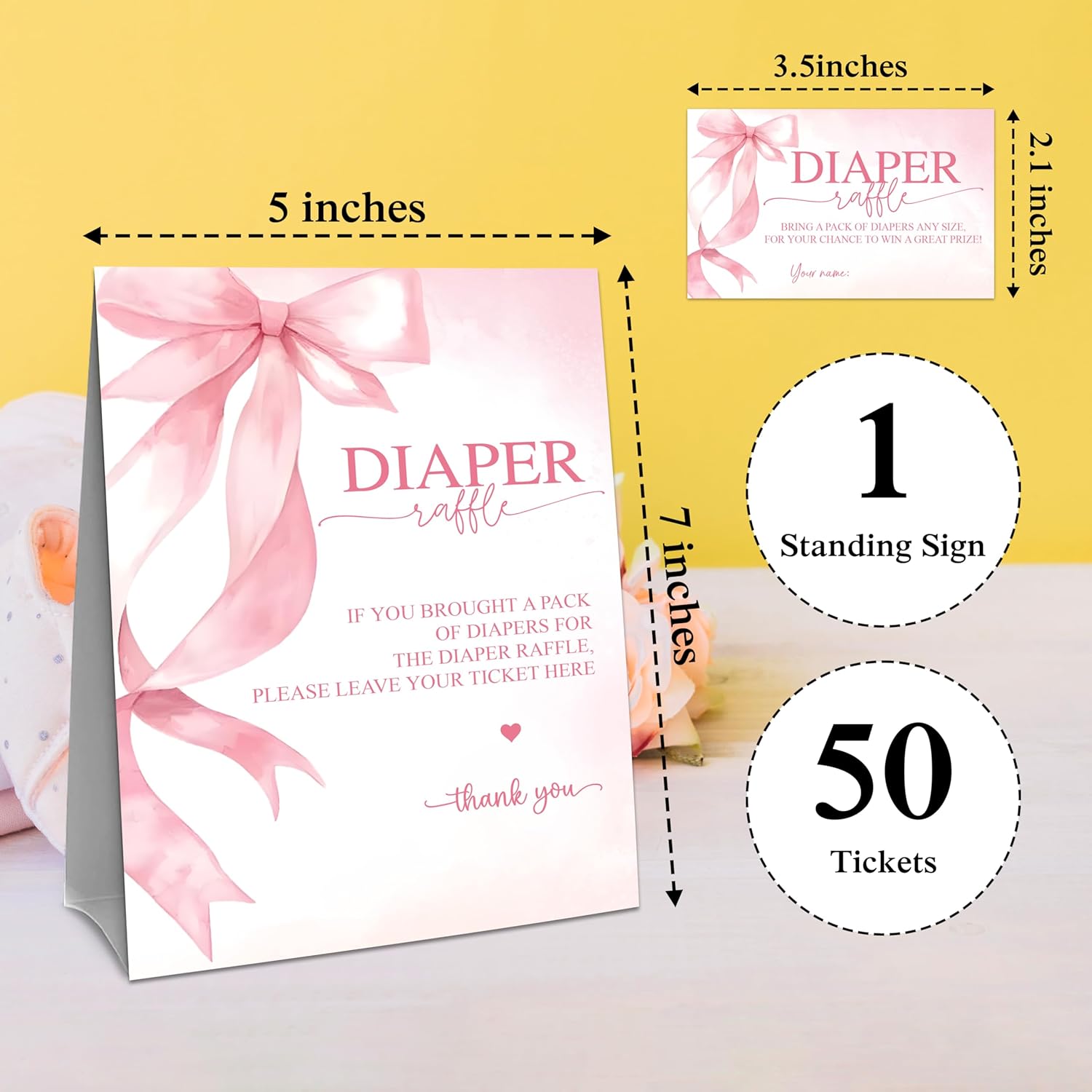 Baby Shower Diaper Raffle Game Set - Pink Bow 1 Standing Sign & 50 Diaper Raffel Tickets - Baby Announcement, Gender Reveal Party Activities & Decorations For Girls - A05