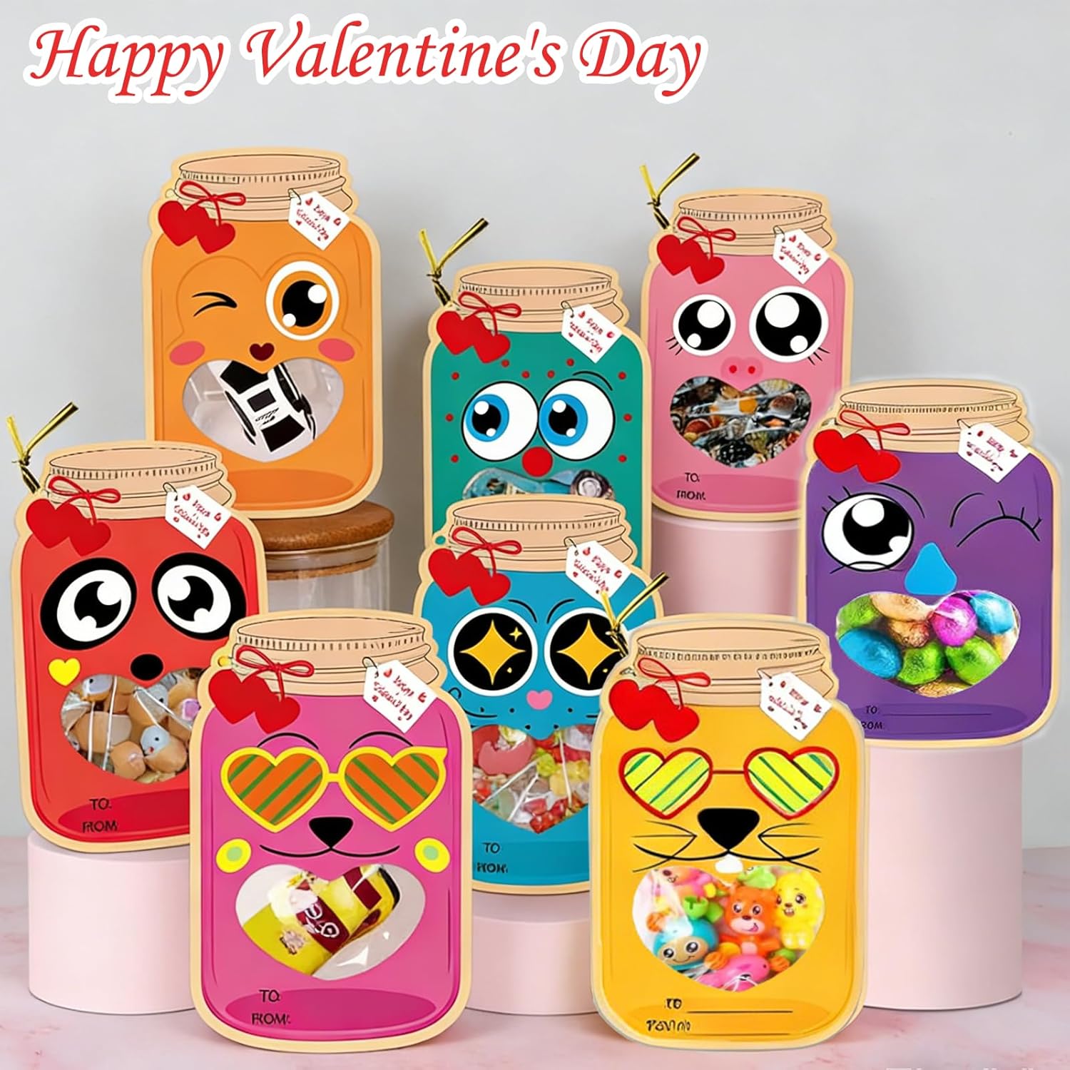 Valentines Day Cards For Kids 50Pack Mason Jar Happy Valentines Cards Diy Valentine Exchange Cards For Boys Girls School Class Classroom Party Favors