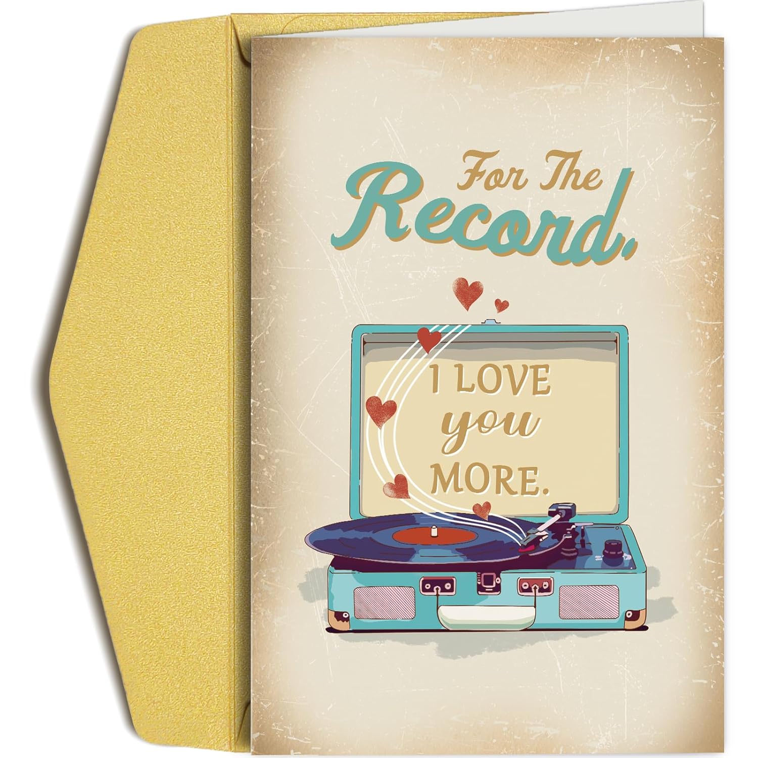 Romantic Valentines Day Card, Record Player Birthday Card For Him Her, Retro Wedding Anniversary Cards For Husband Wife, For The Record I Love You More