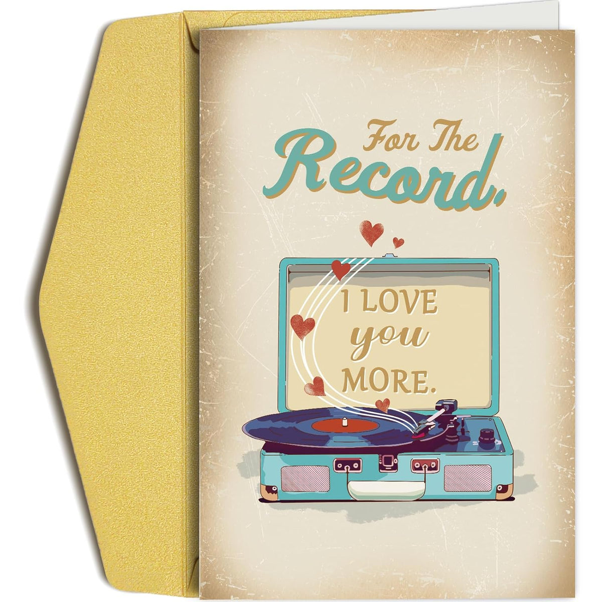 Romantic Valentines Day Card, Record Player Birthday Card For Him Her, Retro Wedding Anniversary Cards For Husband Wife, For The Record I Love You More