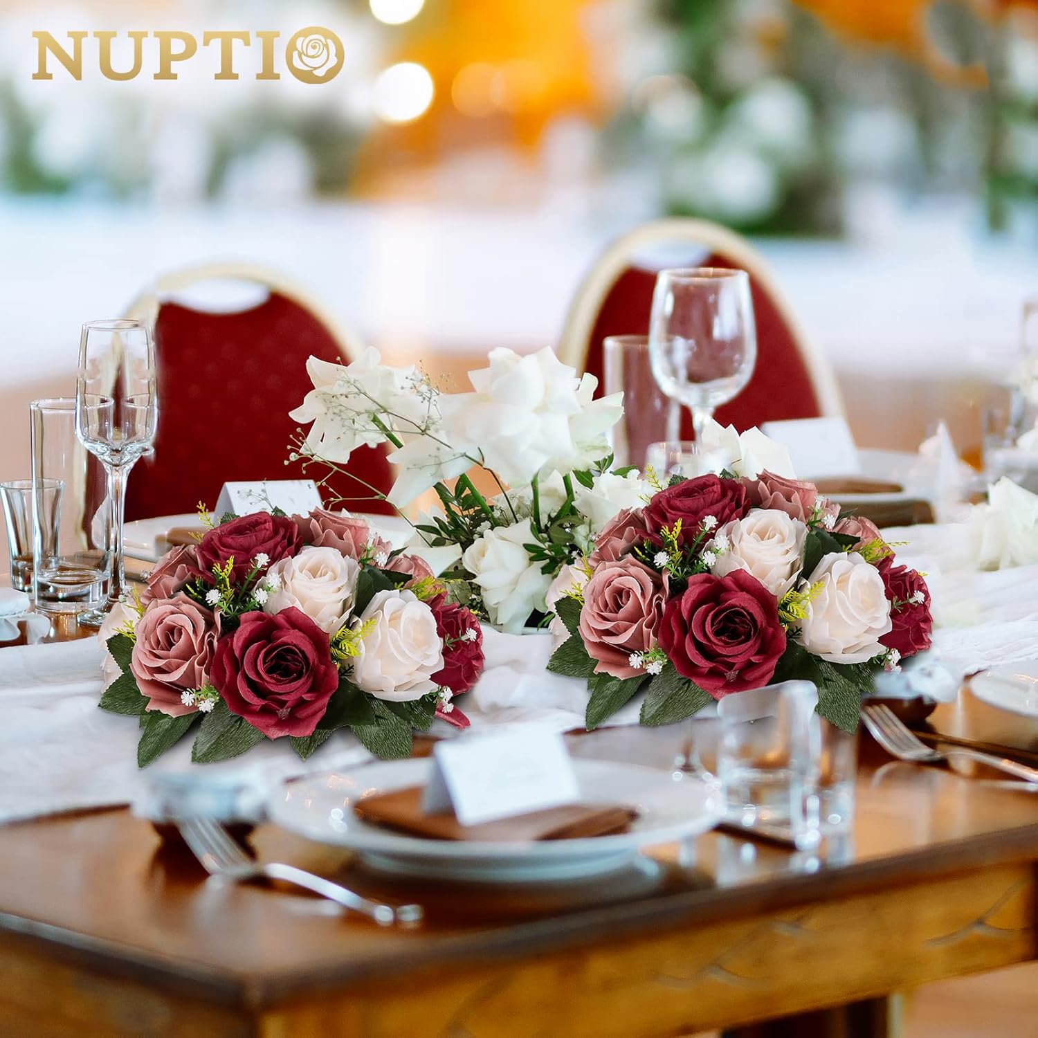 Artificial Flower Centrepieces For Tables - 6 Pcs Burgundy & Dusty Rose & Creamy White Fake Flowers Roses Balls 9.5In Diam - Silk Faux Rose Arrangement For Wedding Party Centerpiece Table Decor