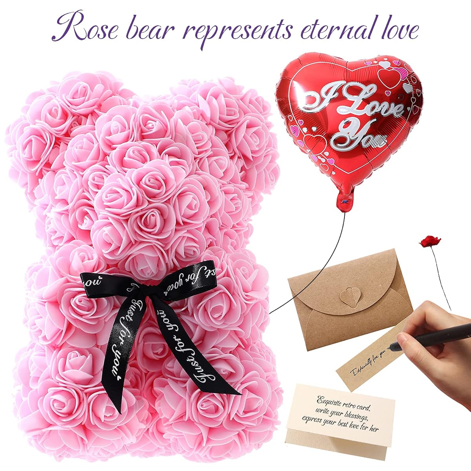 Gifts For Women - Rose Flower Bear - Rose Bear,Pure Handmade Rose Teddy Bear,Gift For Mothers Day,Valentines Day, Anniversary And Bridal Showers,W/Clear Gift Box And Greeting Card (Light Pink)