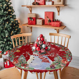 Christmas Snowman Round Table Cloth Fitted Tablecloth,Xmas Tree Wreath Red Table Cover With Elastic Edge Waterproof Table Cloth,Pine Cone Light Ball Circle Table Covers For Kitchen Indoor 36-44In