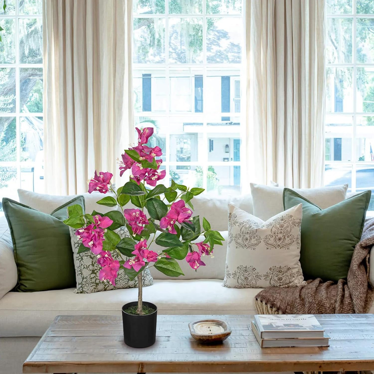 Fake Plants Bougainvillea Artificial Flowers, Fake Flowers Faux Trees Indoor 25.5", Artificial Bougainvillea Plants With Purple Faux Flower For Home, Living Room, Bedroom, Kitchen, Dining Room Decor