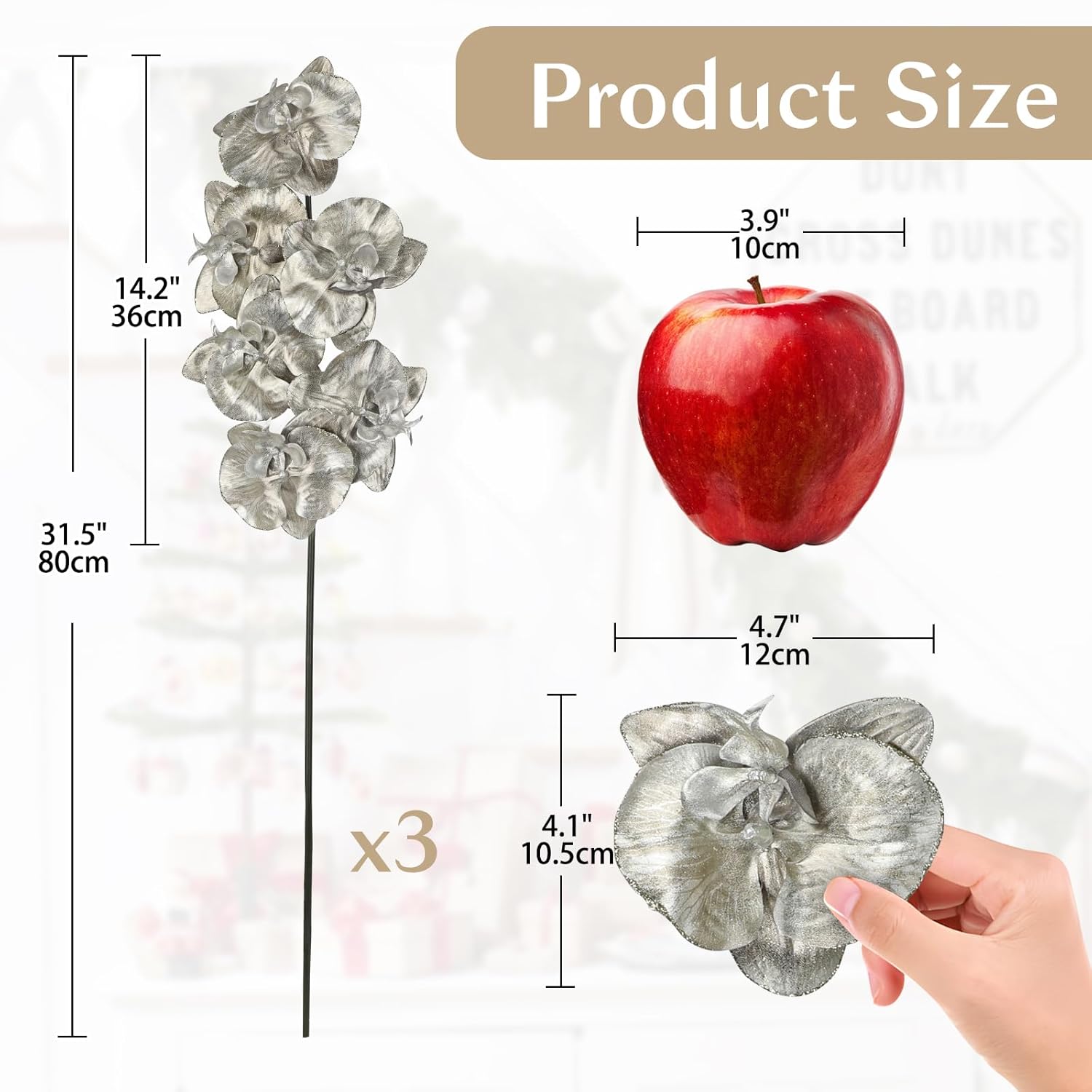 Silver Glitter Artificial Orchid Stems 3 Pcs, 31.5" Christmas Fake Phalaenopsis Orchid Flowers, Sparkling Faux Orchid Branches For Xmas Tree Decorations, Table Centerpieces, Floral Arrangements